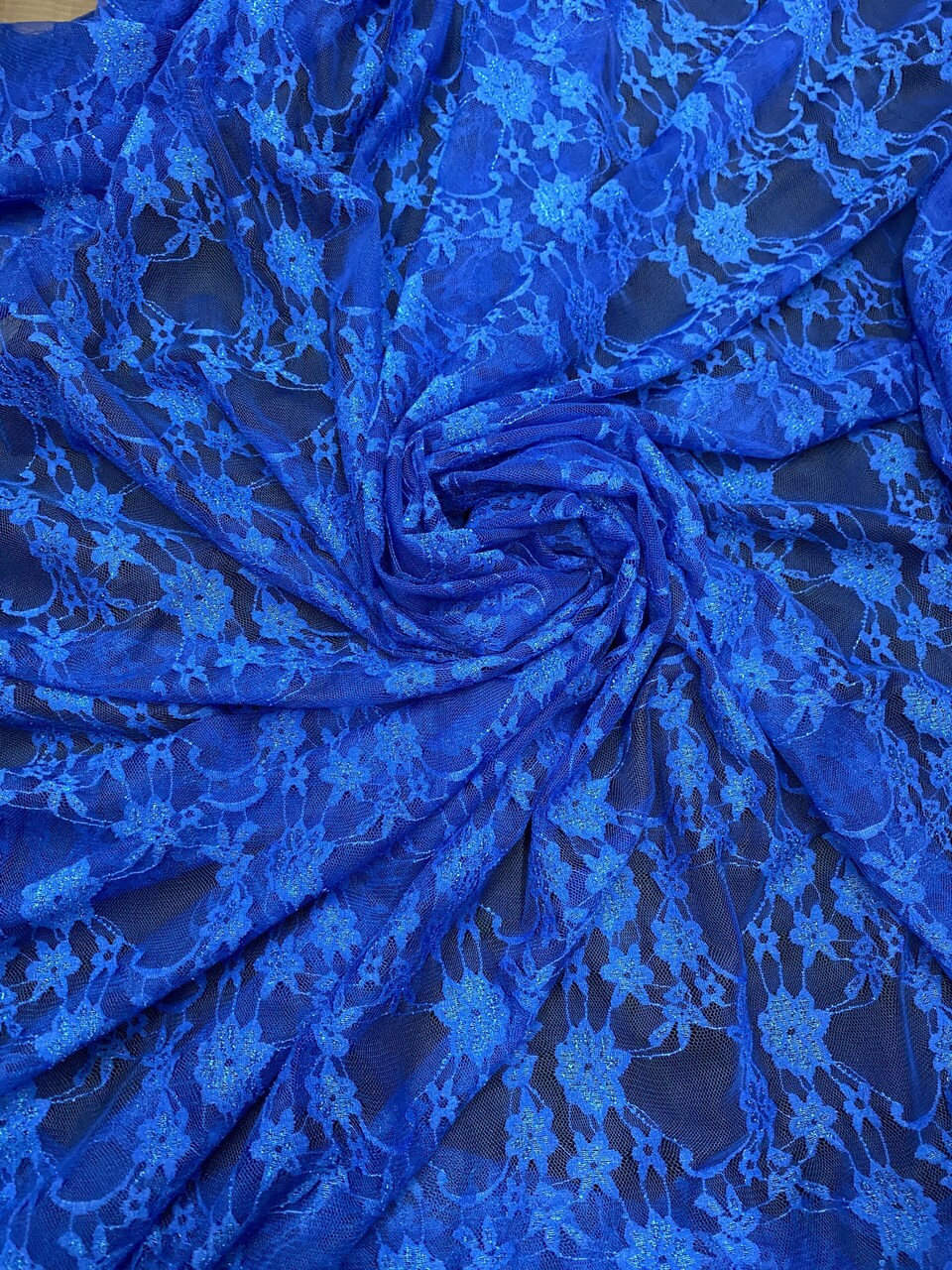 1 Yard Royal Blue Floral Sheer Lace Fabric 4-Way Stretch Shimmery Nylon Spandex 58/60″ Wide
